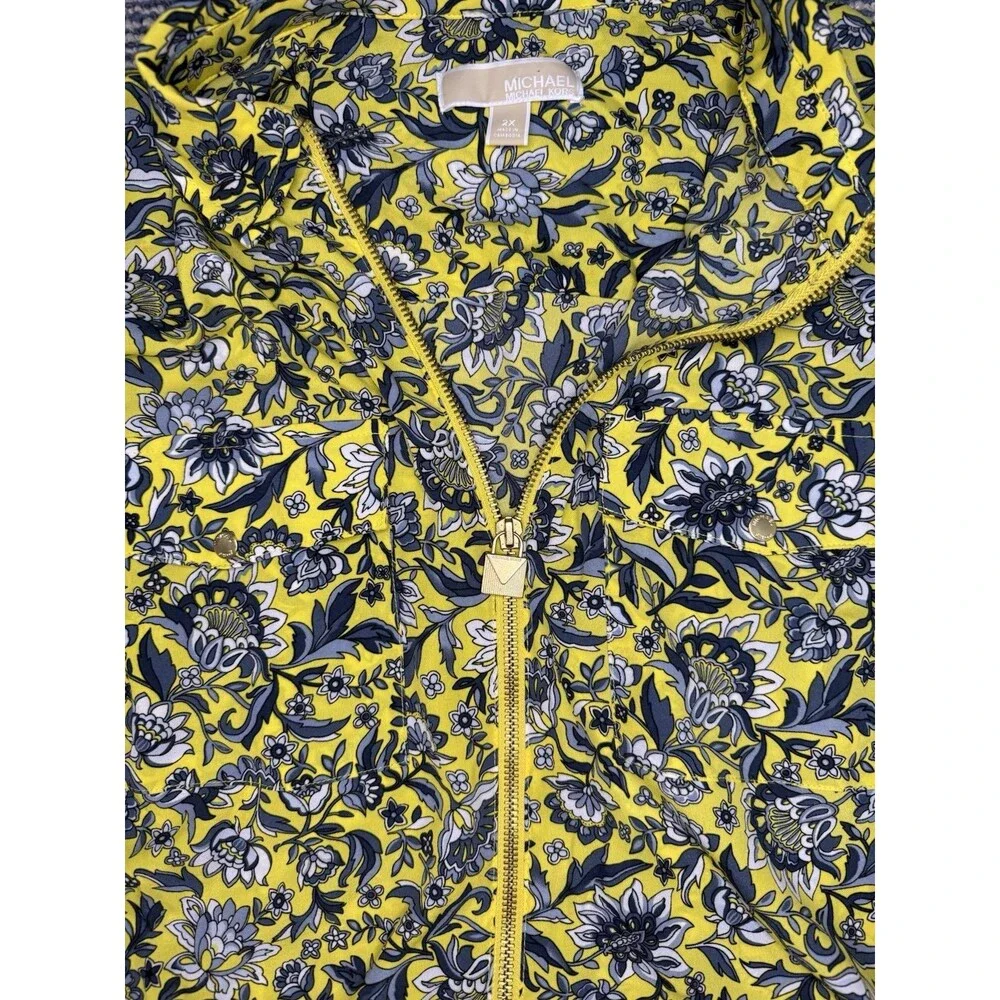 Michael Kors Womens 2X Floral Zip Front Shirt Jacket Shacket Yellow
